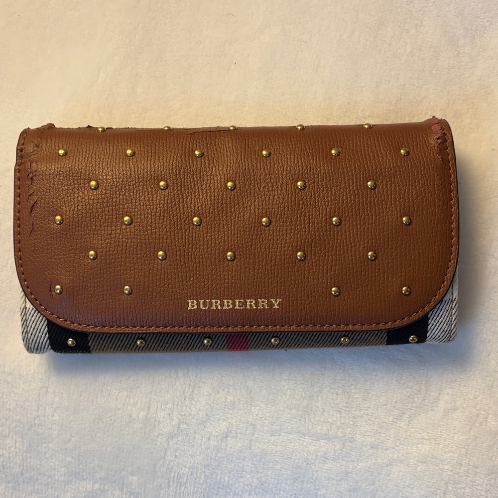 Burberry Brown Leather Studded Continental Wallet with Nova Check Trim